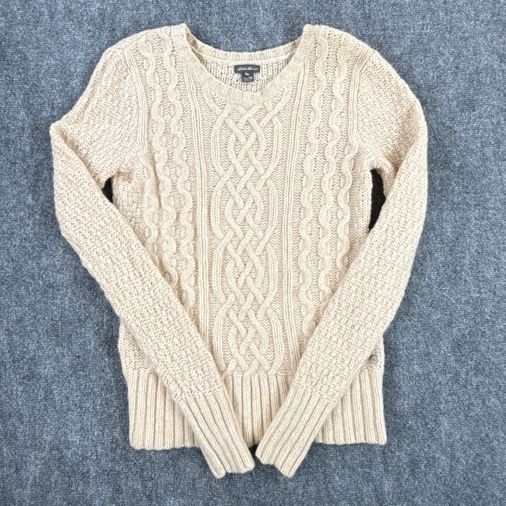 Eddie Bauer Cable Knit Sweater Womens M Tall Cream Lambswool Metal Logo 7440